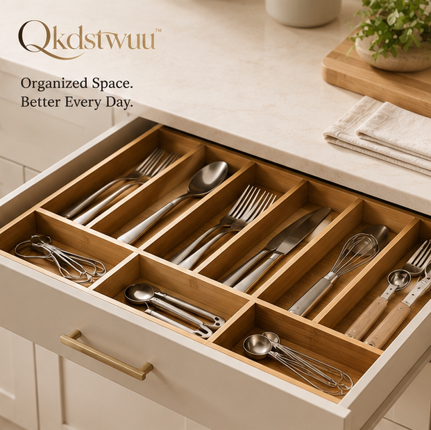 Qkdstwuu™ Bamboo Expandable Drawer Organizer for Kitchen Utensils & Cutlery