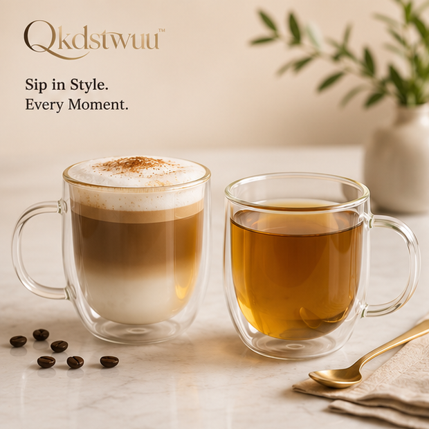 Qkdstwuu™ Double-Wall Glass Coffee Mug Set for Latte, Cappuccino & Tea