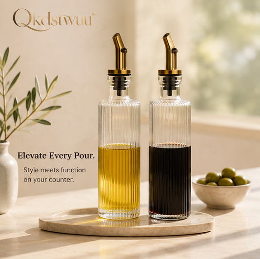 Qkdstwuu™ Ribbed Glass Oil Dispenser Set for Olive Oil, Vinegar & Kitchen Counter Styling