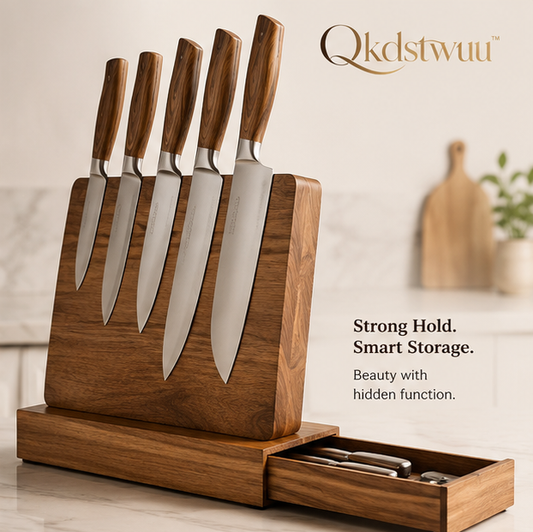 Qkdstwuu™ Acacia Wood Magnetic Knife Block with Hidden Storage Organizer