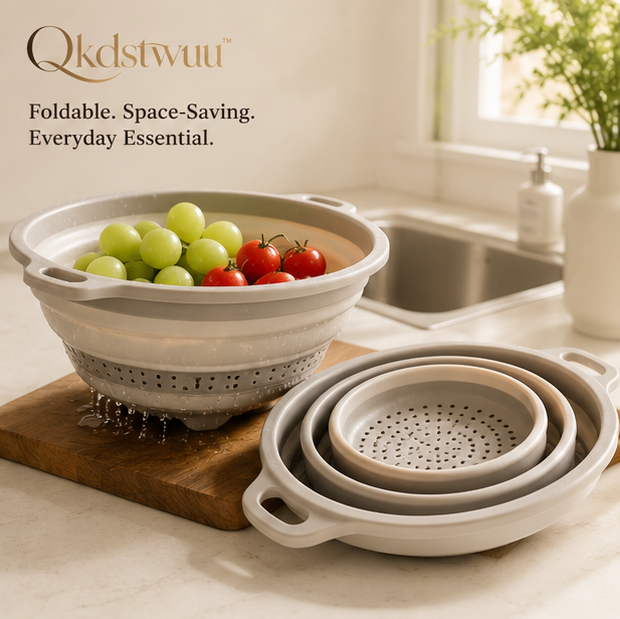 Qkdstwuu™ Foldable Silicone Colander Set for Pasta, Fruit & Vegetable Washing