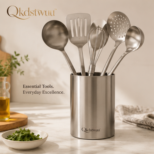 Qkdstwuu™ Minimalist Stainless Steel Kitchen Utensil Set with Modern Holder